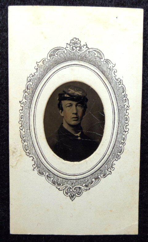 Nice Tintype of Artillery Soldier of Co. L, 4th Artillery, in Cdv Mount with Great Photographer's Label