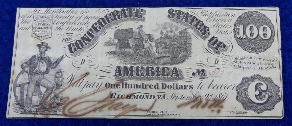 Very Good to Fine Confederate T-13, One Hundred Dollar Note, dated Sept. 2nd, 1861