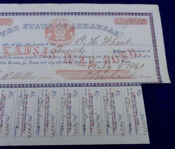 Wonderful 1861, Dated Arkansas War Bond issued to Confederate Major Patrick Henry Wheat