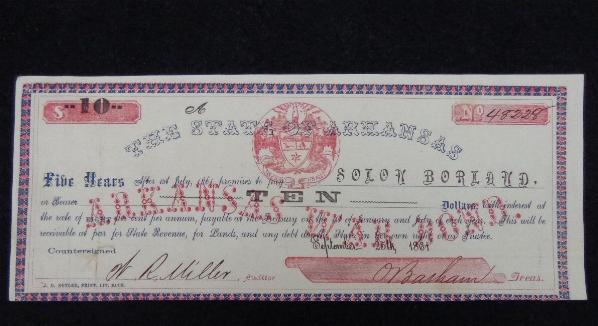 Fine 1861, Dated Arkansas War Bond issued to Solon Borland