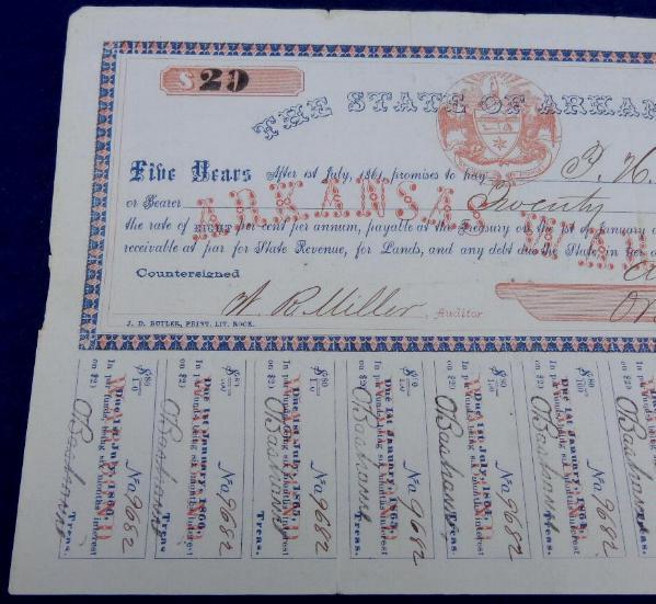Wonderful 1861, Dated Arkansas War Bond issued to Confederate Major Patrick Henry Wheat