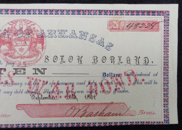 Fine 1861, Dated Arkansas War Bond issued to Solon Borland