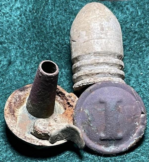 ANOTHER "Arkansas Hog" Bullet, along with a Tin Back Block -I- Confederate Infantry Button, and the top to a powder flask, also recovered by Nick Brainard.