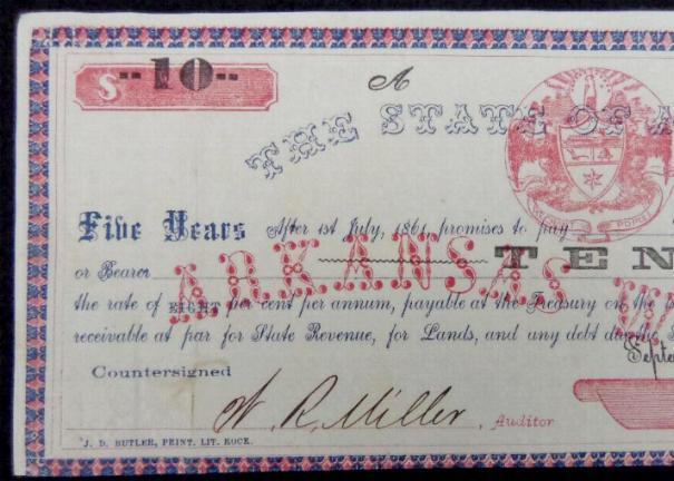 Fine 1861, Dated Arkansas War Bond issued to Solon Borland