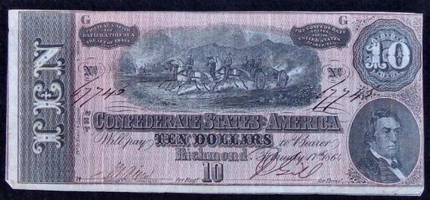 Fine/Very Fine Confederate T-68 Ten Dollar Note w/Nice Red Color