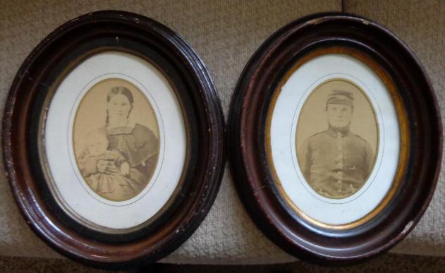 Fine Pair of Large Oval Framed Civil War Period Albumens - Armed Soldier & Wife/Baby - Period Frames 