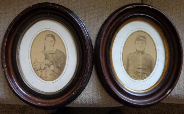 Fine Pair of Large Oval Framed Civil War Period Albumens - Armed Soldier & Wife/Baby - Period Frames 