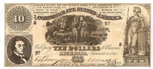 VF/XF Confederate T-30 September 2, 1861 Ten Dollar Note