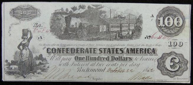 Very Fine Confederate T-40 1862 $100 Dollar Note - Hand Signed 