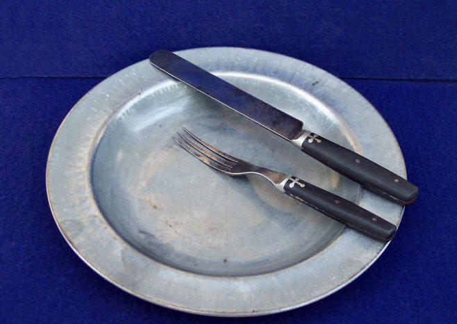 Excellent Condition Civil War Period Tin Eating Plate - w/Three Tine Fork & Matching Knife 