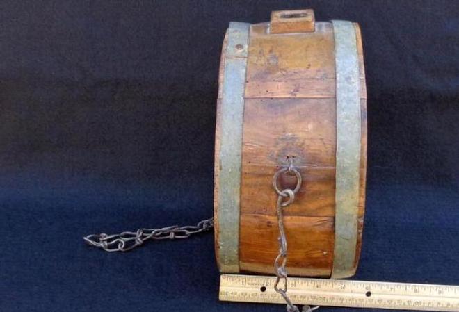 Large Ten Inch Diameter Mid-1800s Wood Drum Style Canteen with Raised Square Spout, Vent Hole & Chain.