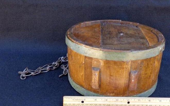 Large Ten Inch Diameter Mid-1800s Wood Drum Style Canteen with Raised Square Spout, Vent Hole & Chain.