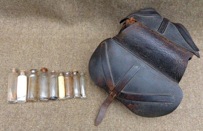 Fine Condition Late 1850s to Civil War Doctor's Saddle Bags w/20 Original Pontilled Medicine Vials, Some still with Contents