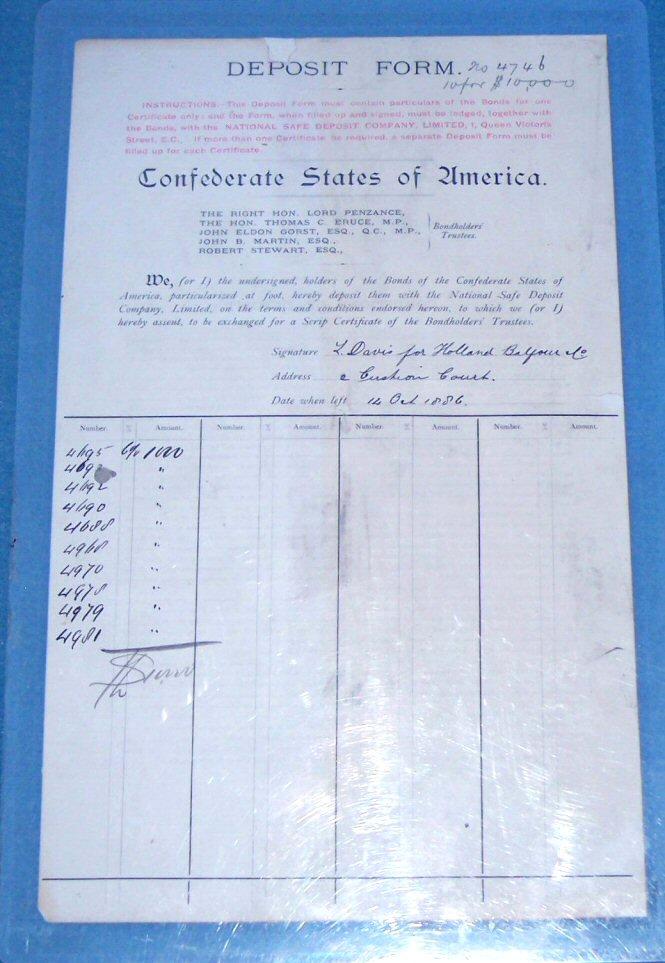 Very Nice De-acidified Original Confederate Bond Deposit Form - Ready To Frame 