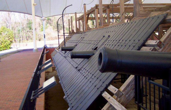 Looking down a broadside of the raised Gunboat USS Cairo, Vicksburg National Park.