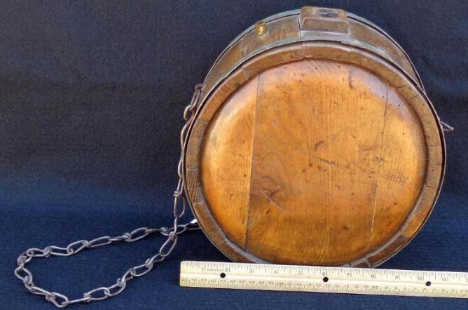 Large Ten Inch Diameter Mid-1800s Wood Drum Style Canteen with Raised Square Spout, Vent Hole & Chain.