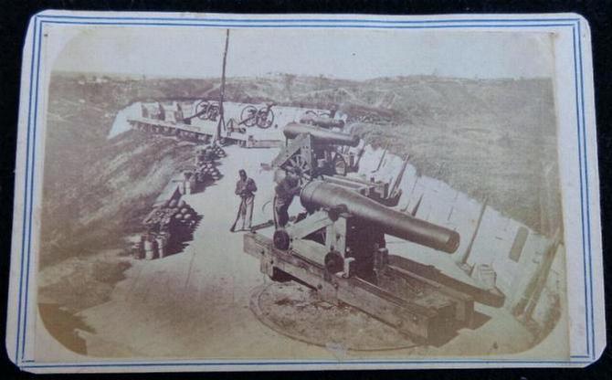 Superb "Washington Gallery, Vicksburg, Mississippi" Cdv Image of U.S. Battery Sherman Guarding the Road to Jackson, Mississippi - Artillery Pieces, Shot & Shell, Ammunition Chests, Soldiers, Rifle Pits, Houses & Road in the Distance. 