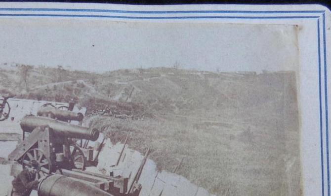 Superb "Washington Gallery, Vicksburg, Mississippi" Cdv Image of U.S. Battery Sherman Guarding the Road to Jackson, Mississippi - Artillery Pieces, Shot & Shell, Ammunition Chests, Soldiers, Rifle Pits, Houses & Road in the Distance. 