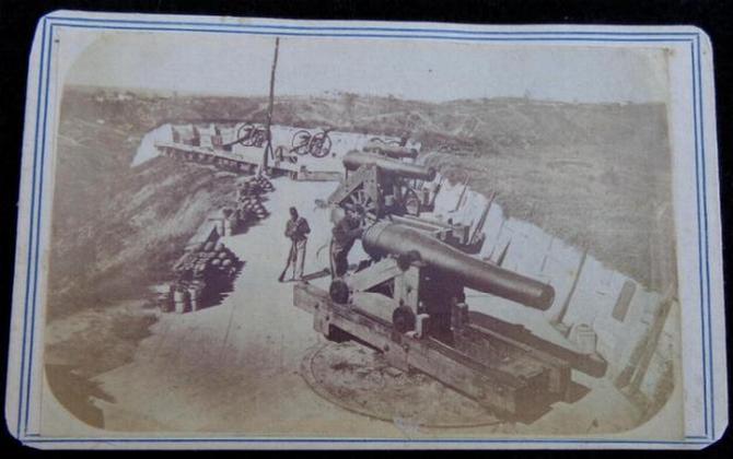 Superb "Washington Gallery, Vicksburg, Mississippi" Cdv Image of U.S. Battery Sherman Guarding the Road to Jackson, Mississippi - Artillery Pieces, Shot & Shell, Ammunition Chests, Soldiers, Rifle Pits, Houses & Road in the Distance. 