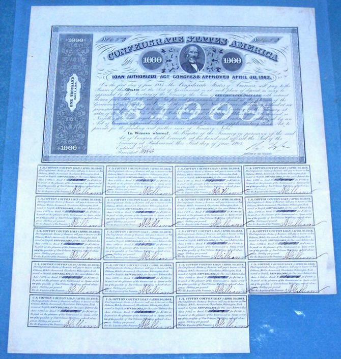 Fine Condition April 30, 1863, Confederate Bond w/CS Cotton Coupons