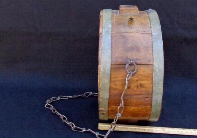 Large Ten Inch Diameter Mid-1800s Wood Drum Style Canteen with Raised Square Spout, Vent Hole & Chain.