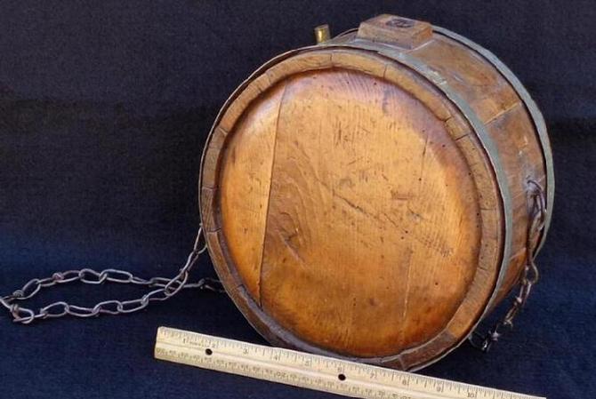 Large Ten Inch Diameter Mid-1800s Wood Drum Style Canteen with Raised Square Spout, Vent Hole & Chain.