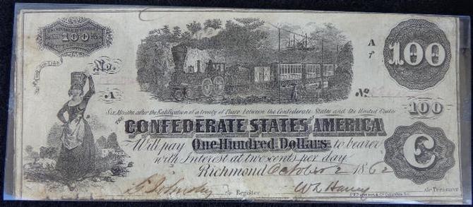 Fine 1862 Confederate T-40 $100 Note w/Steam Train Vignette 